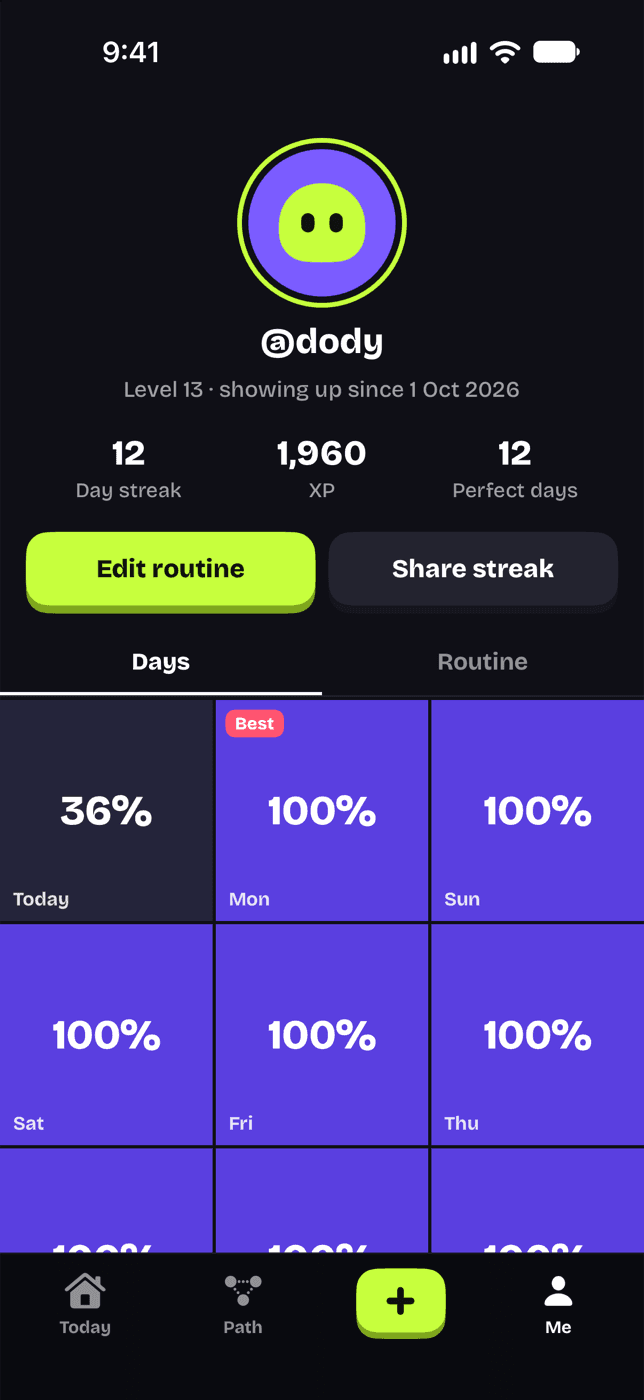 Me screen with day streak, XP and a grid of perfect days