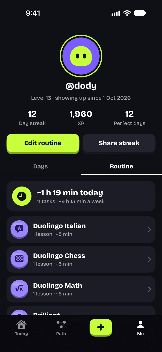 Routine list with total time per day and week