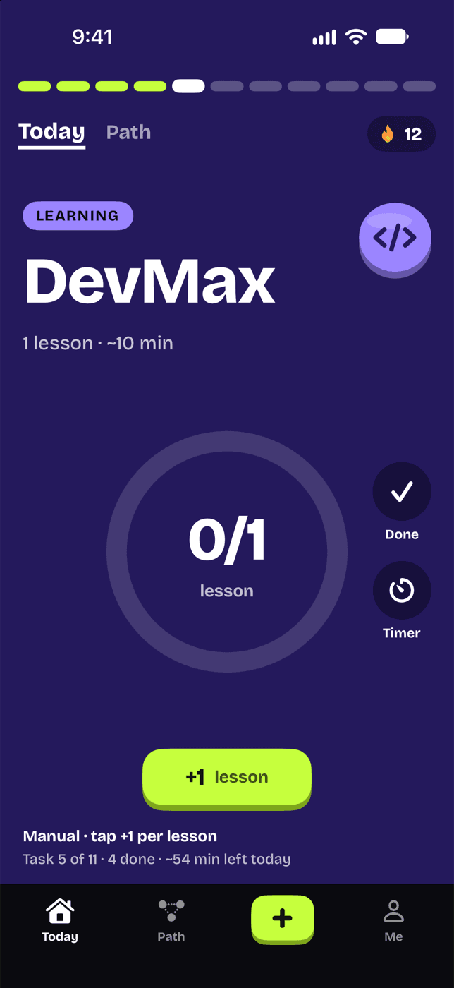 Dody's Today feed: one task per screen with a big +1 button